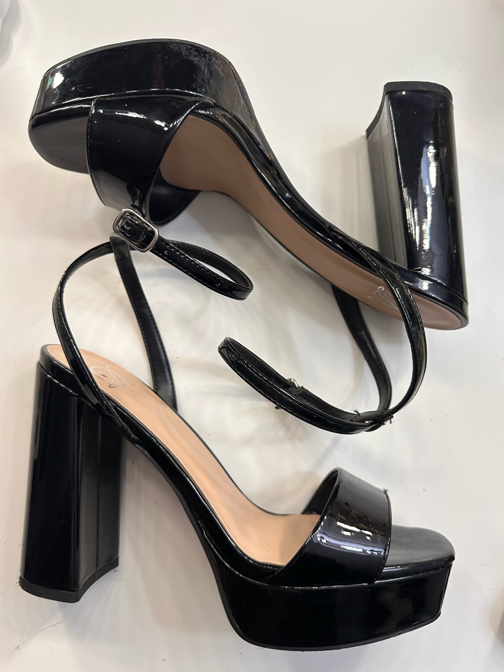 Black Patent Platform Block Heel Sandals - Women